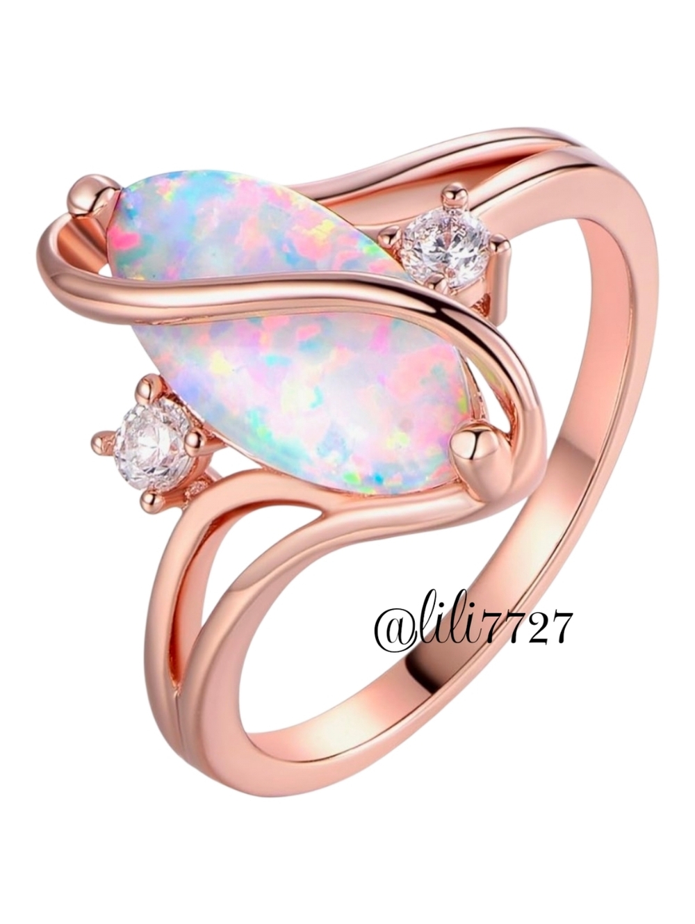 Rose Gold Opal Marquise Ring with Clear Accent Stones